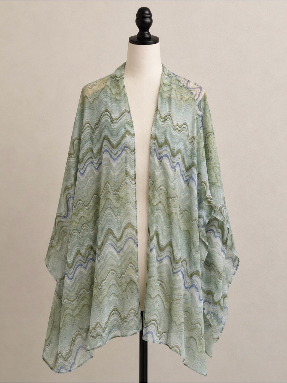 Light Green Wave-Print Open Front Women's Wrap Cape